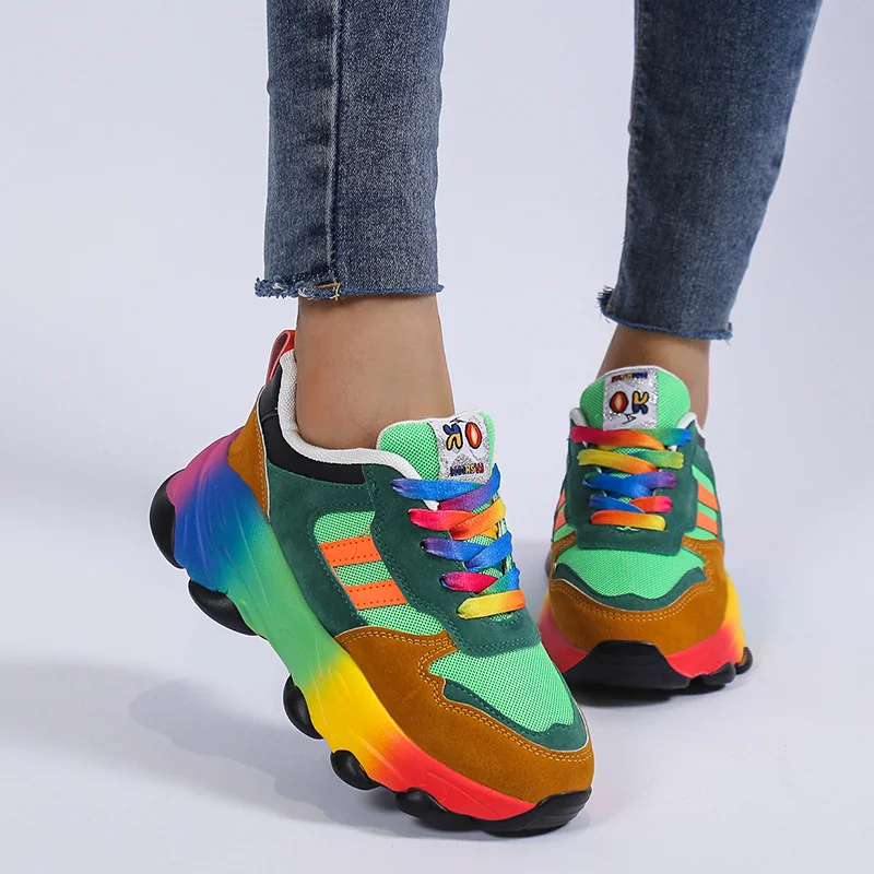 Yyvonne Casual Single Shoe Rainbow Sole Fashion Tie Flying Breathable Leisure Sports Single Shoes Women