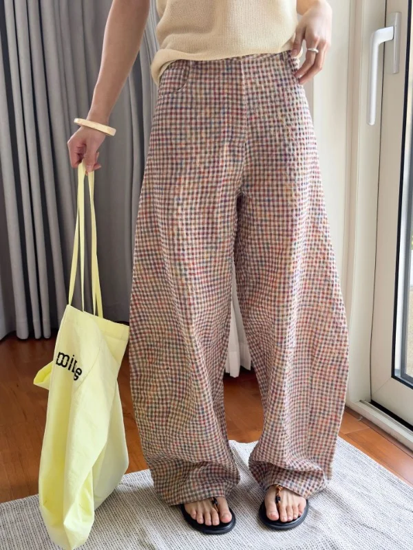 Vintage Plaid Linen Wide Leg Pants