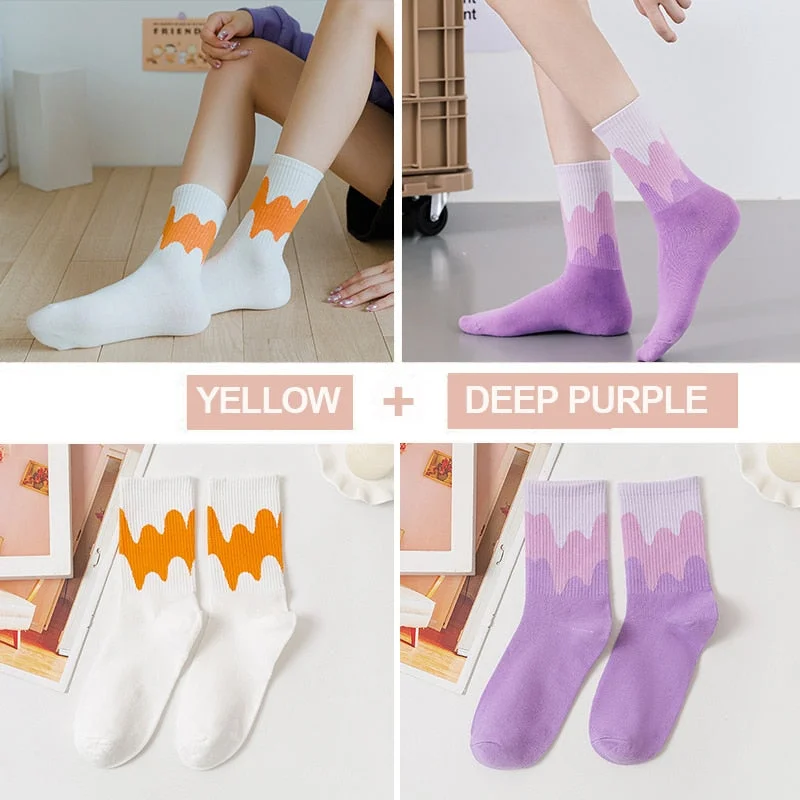 FINETOO 2Pairs/lot Women Midi Tube Socks Female Autumn Winter Candy Colors Korean Japanese Stitching Cotton Girls Graffiti Sock