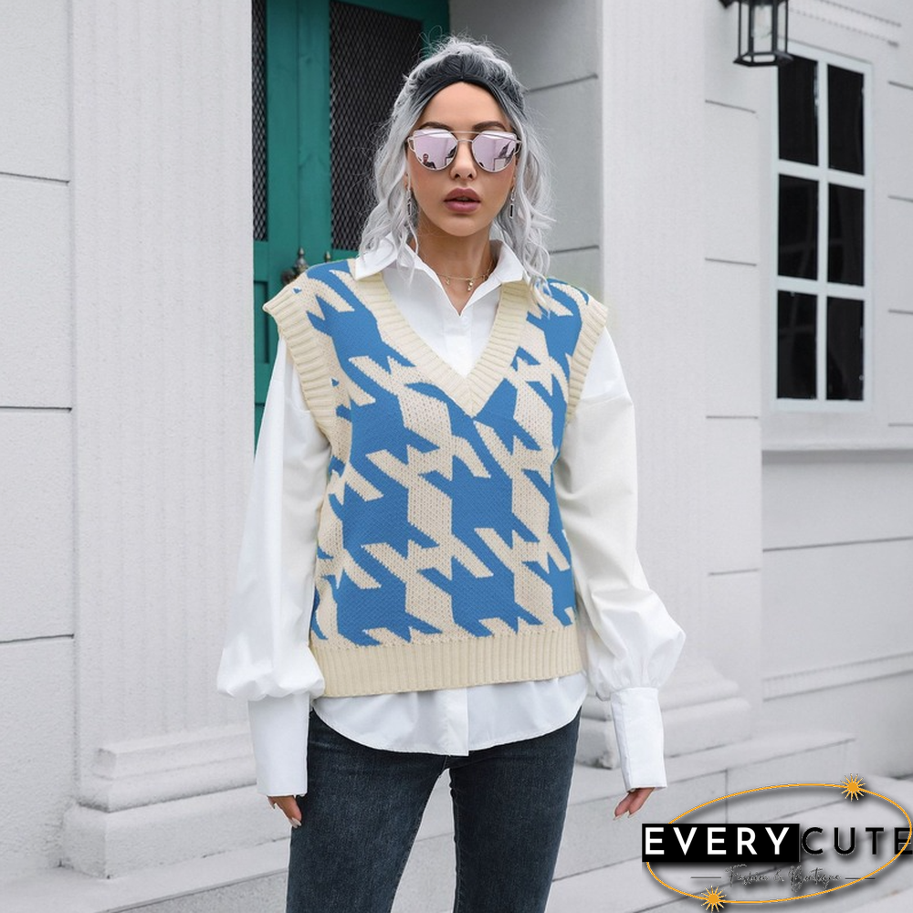 Houndstooth V-neck Vest Sweater Women's Tank Tops Outer Wear Inner Autumn And Winter Knitted Sweaters New Sweater