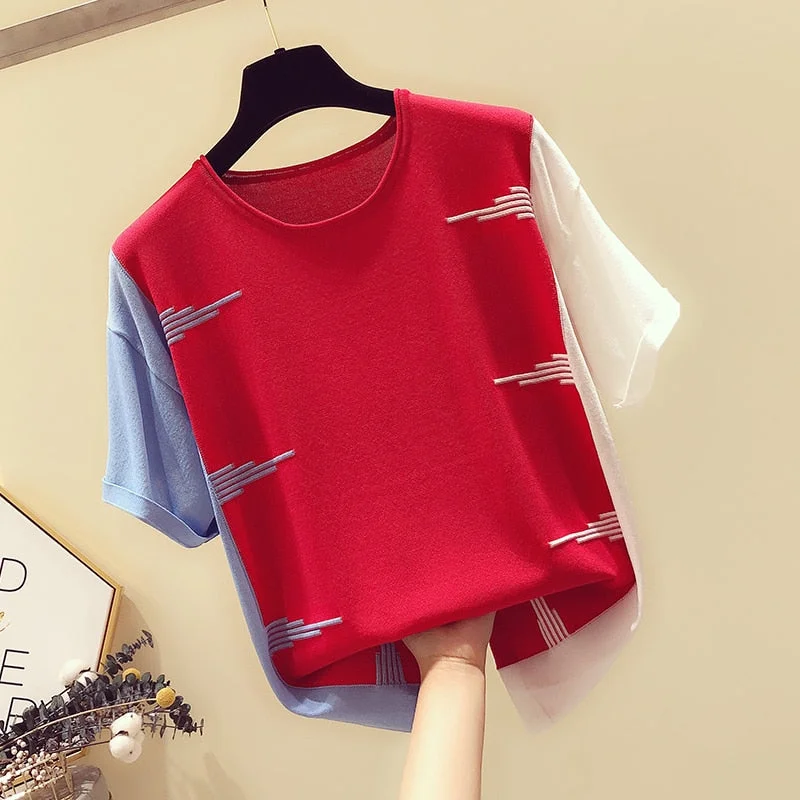 Casual Slim Women Tops Nice Short Sleeve Ladies Shirt Korean Blouse Women Blusas Mujer 2021 Summer Knitted Tee Shirt New 9761
