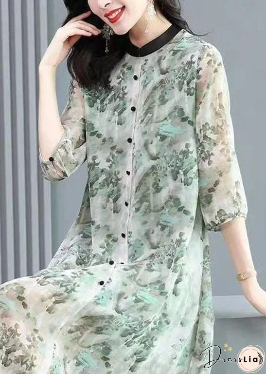 Vintage Grey Stand Collar Patchwork Print Silk Shirts Dress Spring