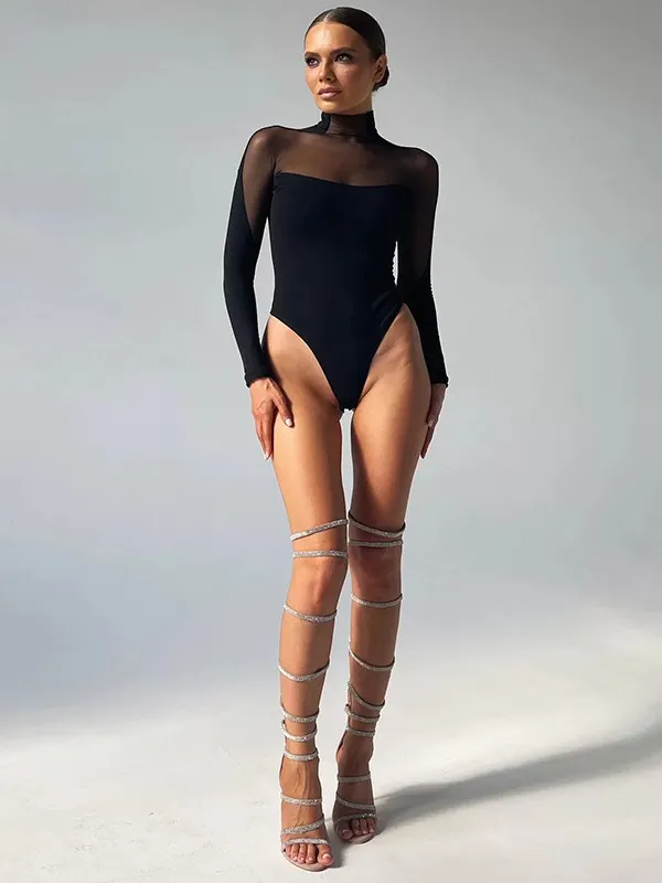 Uveng Women's Wear Ins Sexy Mesh Spliced Long-Sleeved Trouser Top T-Shirt