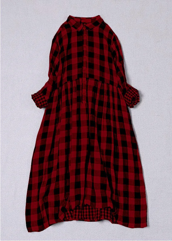 Bohemian Red White Plaid PeterPan Collar Pockets Button Fall Patchwork Dresses