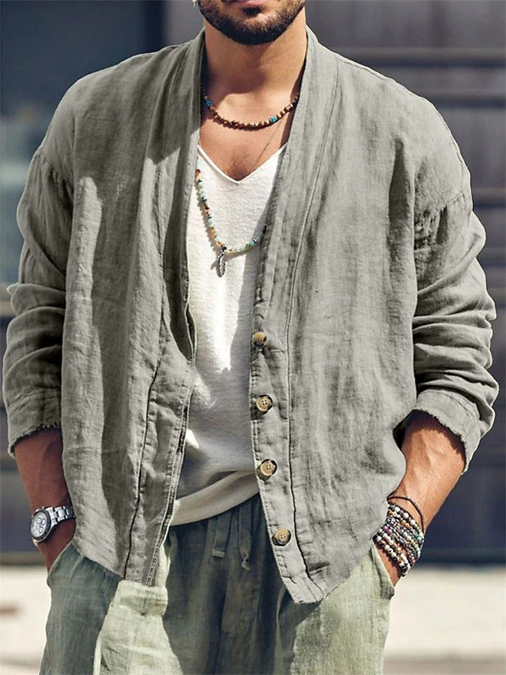 Linen Long Sleeve Flat Collar Daily Vacation Cardigan