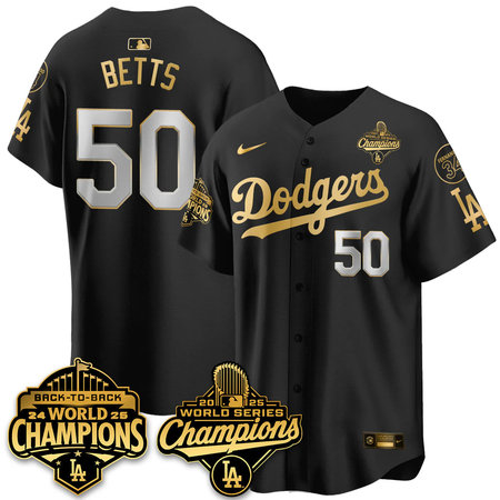 Men's Los Angeles Dodgers #50 Mookie Betts Black 2025 World Series Champions Jersey