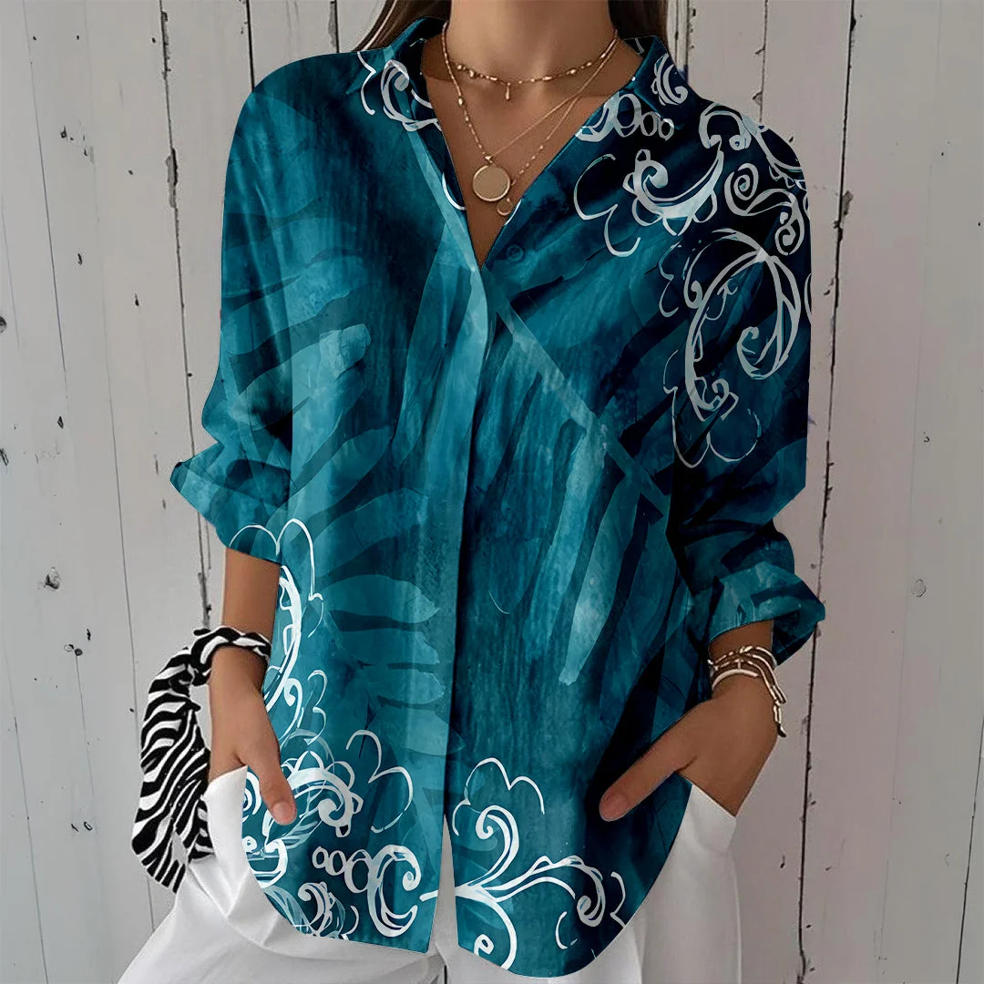 Style & Comfort for Mature Women Women Floral, Foliage, Green DZCL0454 3/4 Sleeve Shirt Collar Printed Button Tops
