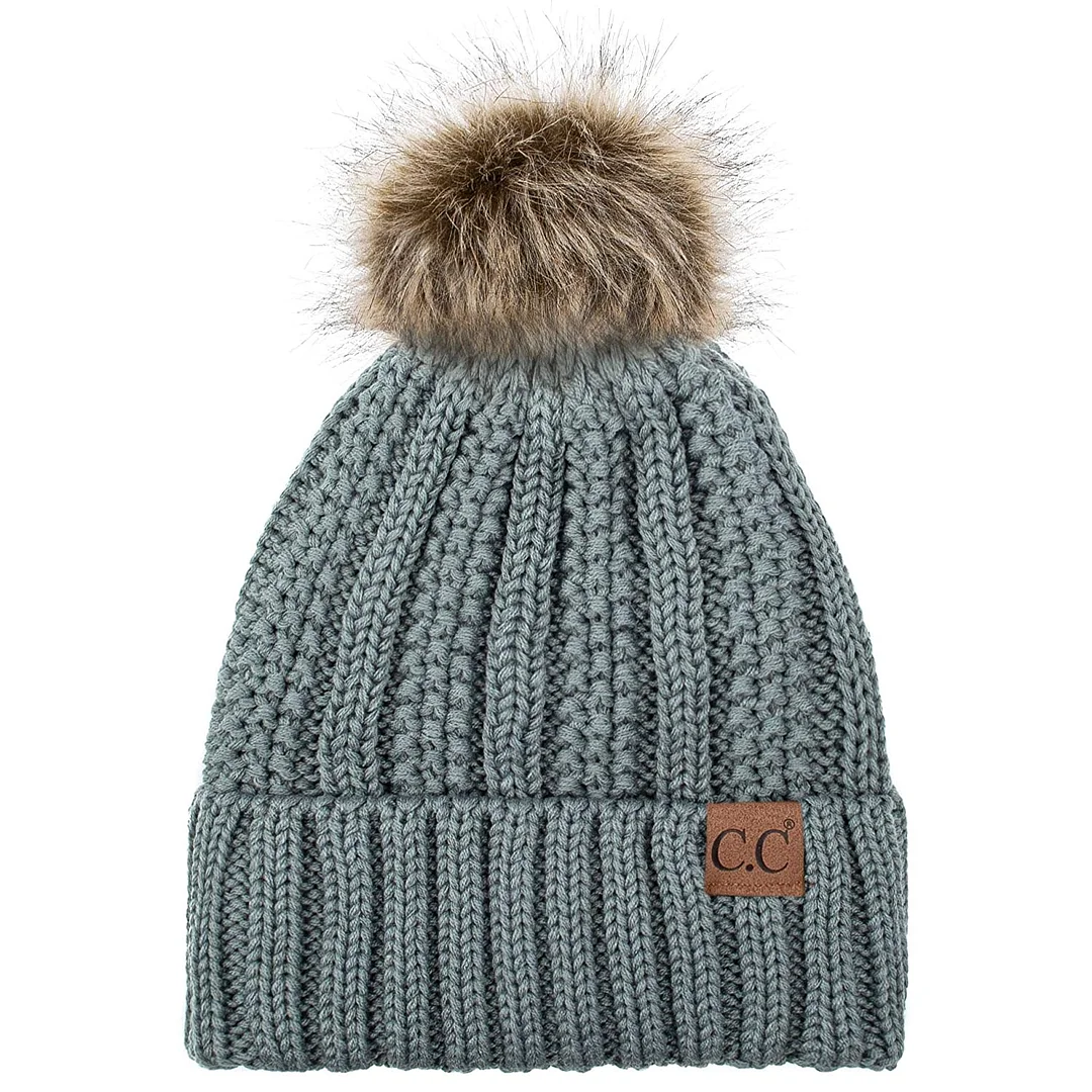 Exclusives Fuzzy Lined Knit Fur Pom Beanie Hat (YJ-820)