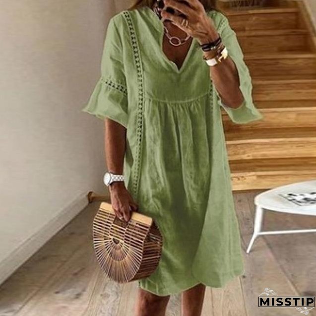 Women Sexy Hollow Out V-neck Mini Dress Floral Print Patchwork Dress Casual Beach Dress