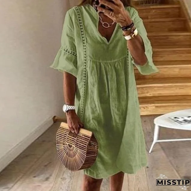 Women Sexy Hollow Out V-neck Mini Dress Floral Print Patchwork Dress Casual Beach Dress