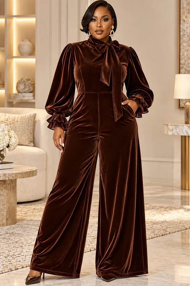Xpluswear Design Plus Size Business Casual Brown Bow Tie Lantern Sleeve Long Sleeve Pocket Wide Leg Velvet Jumpsuits [Pre-Order] 2024 - Xpluswear