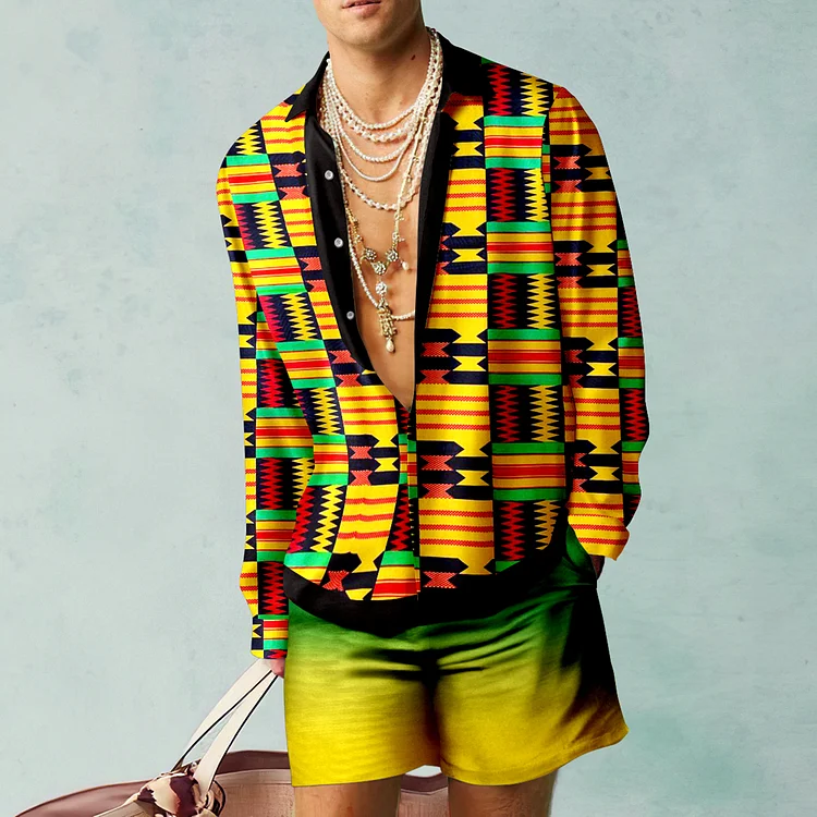 BrosWear African Geometric Gradient Print Shirt And Shorts Co-Ord