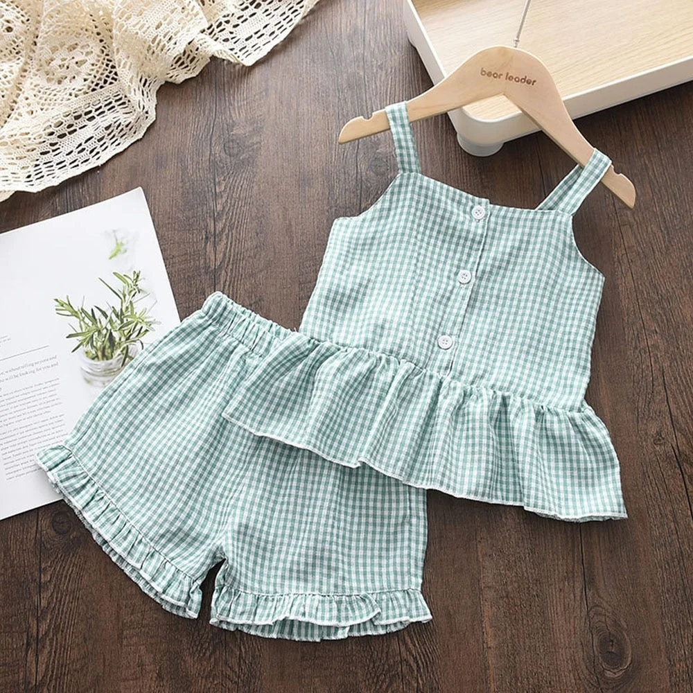 Bear Leader Casual Girls Clothing Sets 2022 New Summer Clothes Plaid Suspender Vest Pants Children Clothing 2-6T Kids Outfits