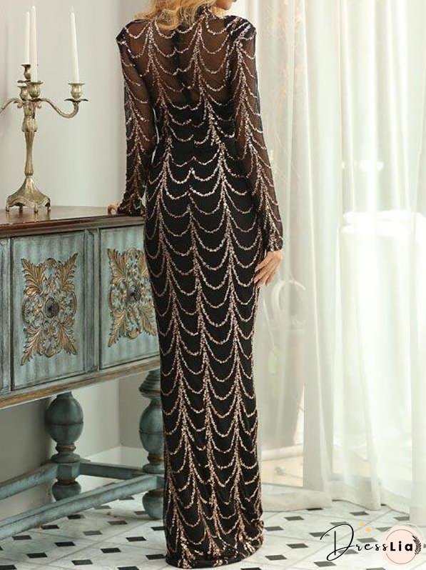 Mock-neck Sequin Mesh Prom Dress