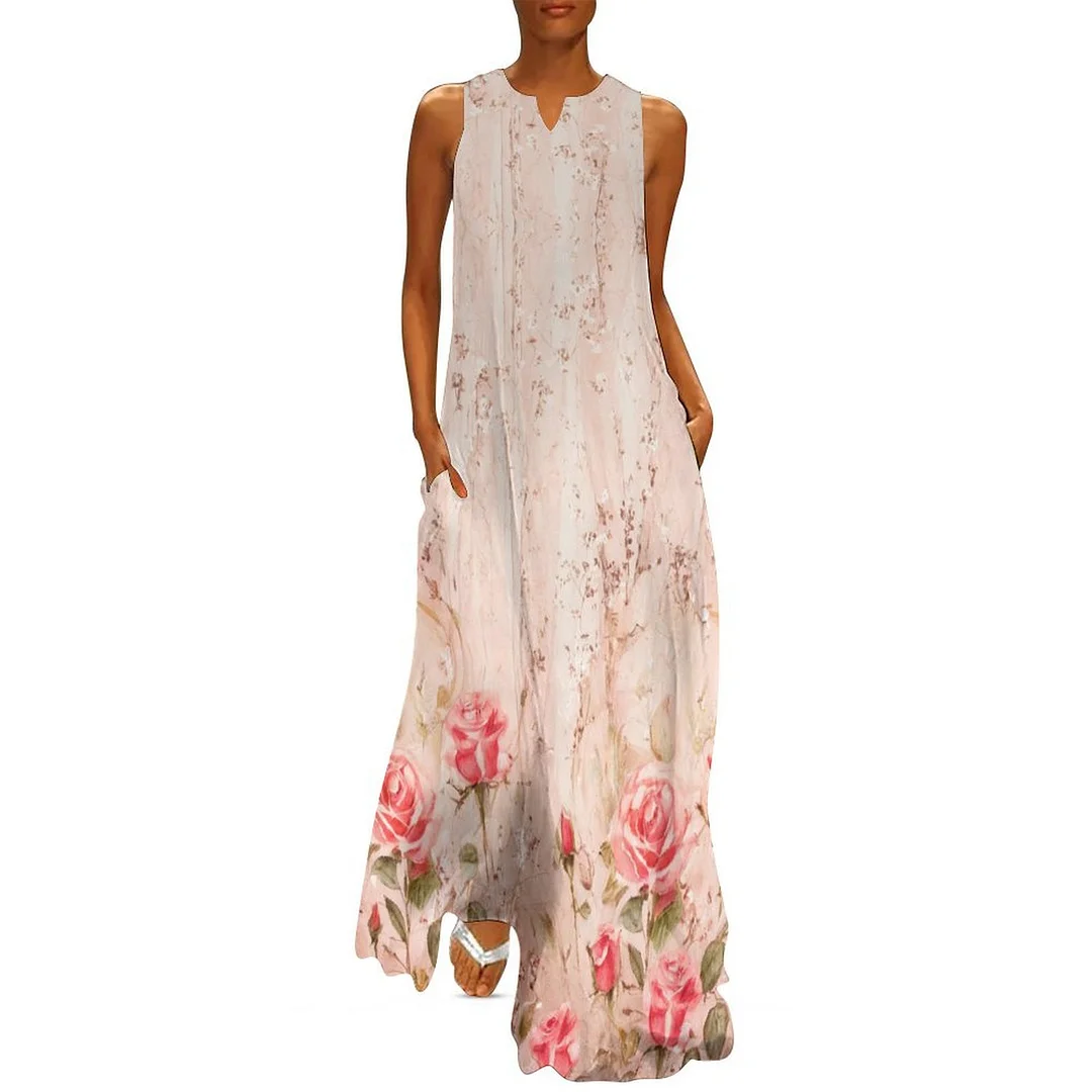 Style & Comfort for Mature Women Plus Size Printed Sleeveless Casual Women Maxi Dress with Pockets in Pattern Floral, Glitter, Pink