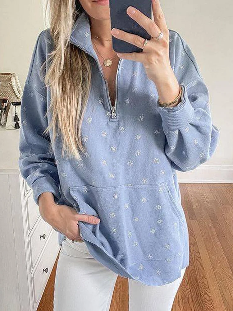 Floral Stand Collar Casual Sweatshirts