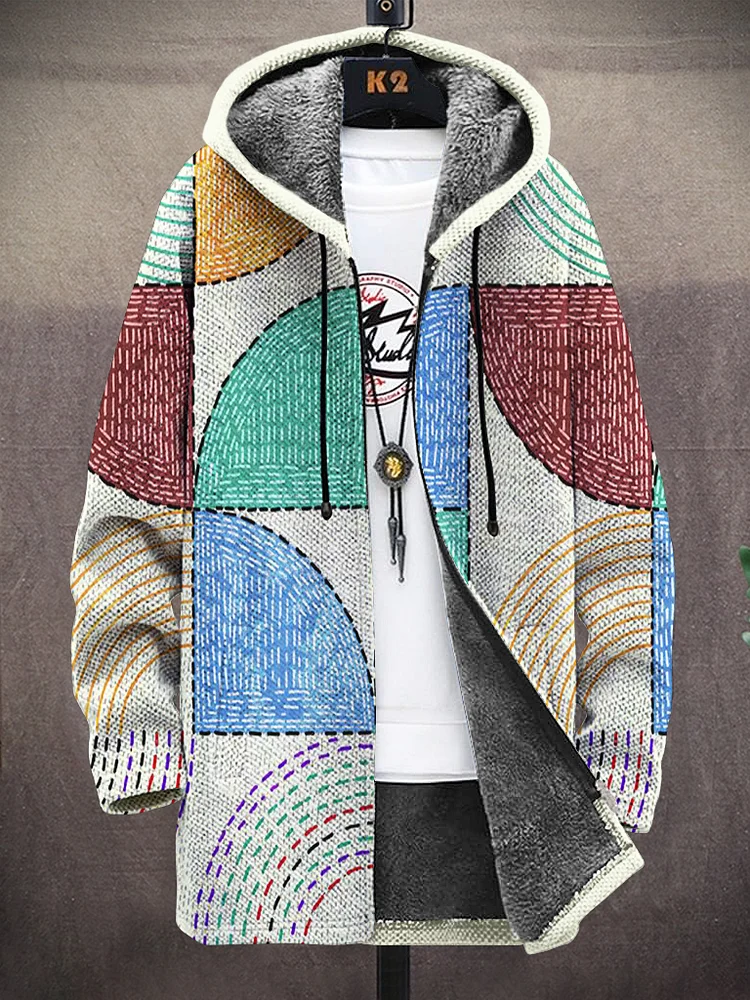 Men's Colorful Sector Geometric Art Print Fleece Lined Hooded Trench Coat