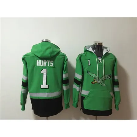 Men's Philadelphia Eagles #1 Jalen Hurts Green Ageless Must-Have Lace-Up Pullover Hoodie ESXX