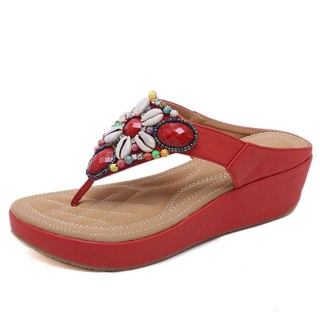 Large Size Ethnic Style Bohemian Beaded Slope Sandals Comfortable Height Heel Sandals | EGEMISS