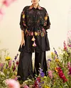 Black Cutwork And Embroidered Kaftan And Pants Two-Piece Set