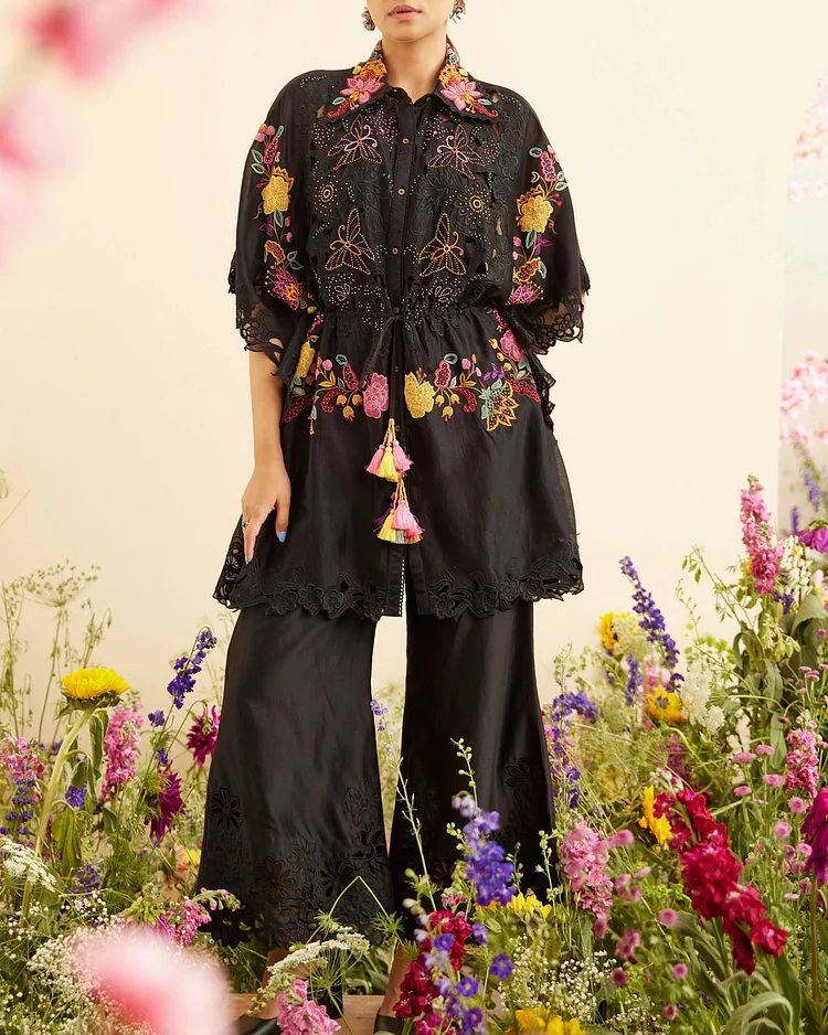 Black Cutwork And Embroidered Kaftan And Pants Two-Piece Set