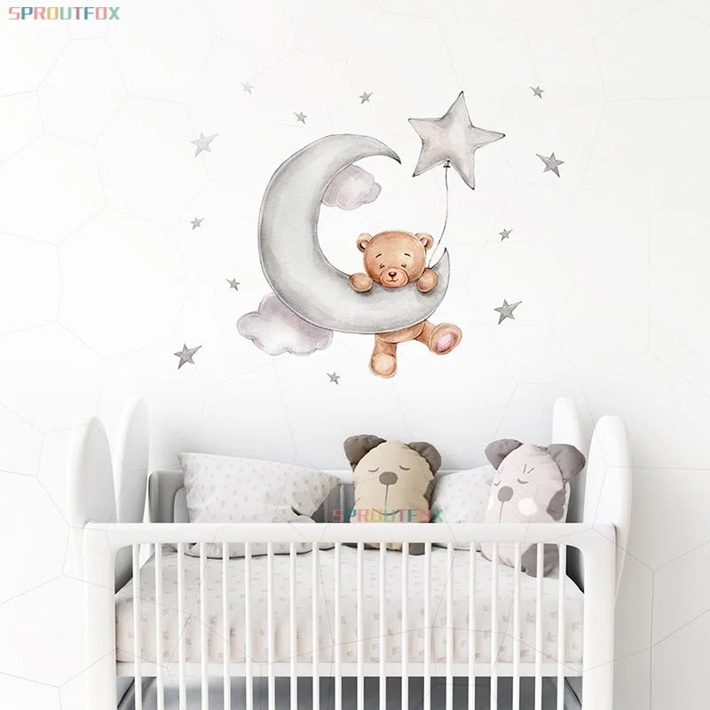 Moon Cloud Big Wall Stickers For Kids Rooms Boys Stars Large Wall Stickers For Children's Room Bear Bedroom Decoration