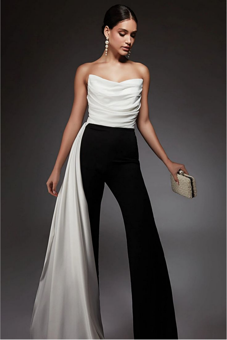 Lussooy Exquisite White And Black Satin Sleeveless Women Jumpsuit with Belt 