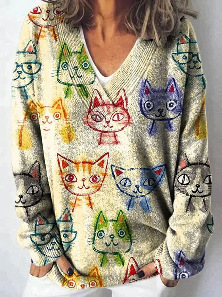 Colorful Plaid Art Print Knit V-neck Pullover Sweater