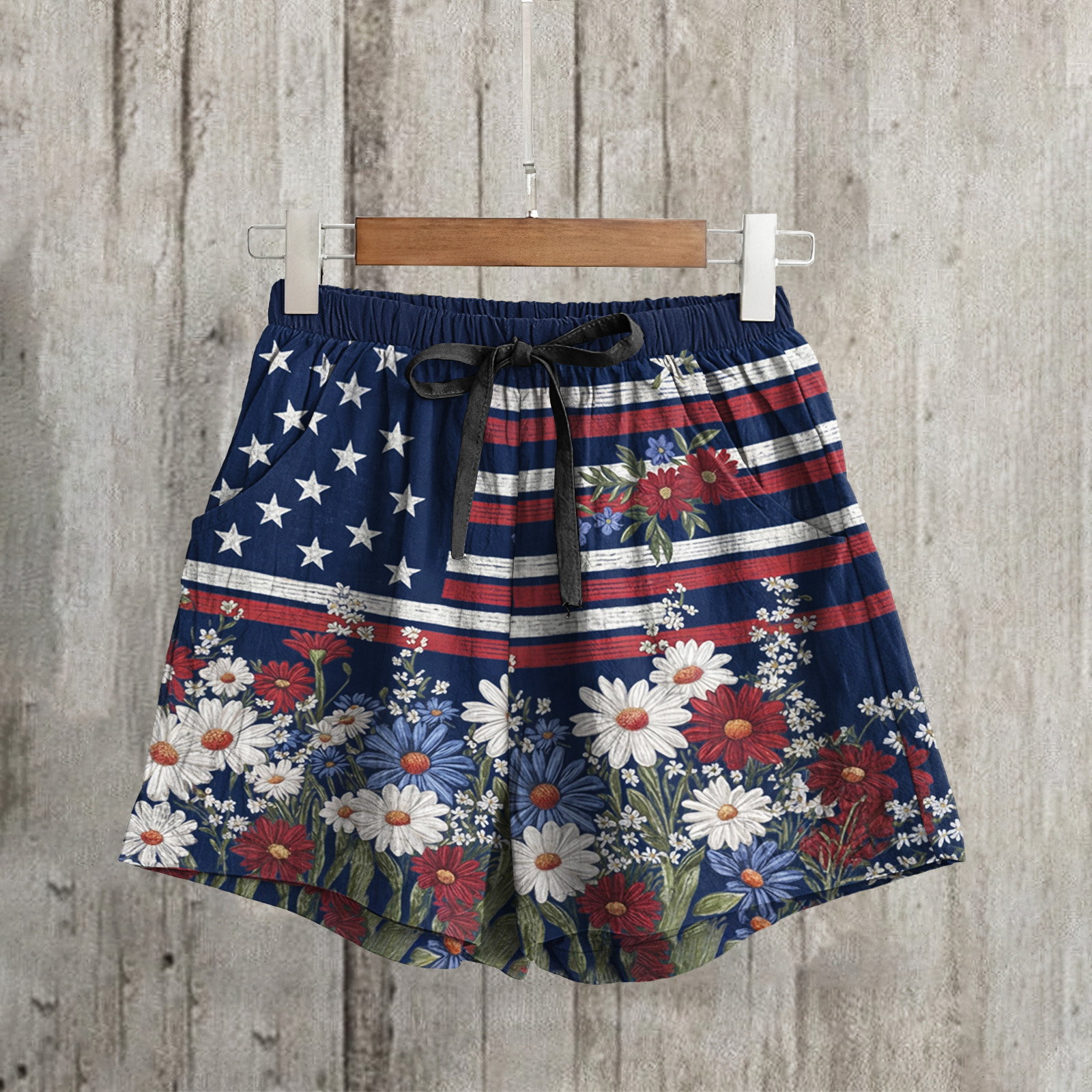 Women's Vintage Independence Day Flag Flower Art Print Linen Casual Shorts Westsshops