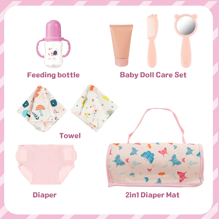Butterfly Diaper Pad Bag Accessories 8-Pieces Set for Reborn Girl