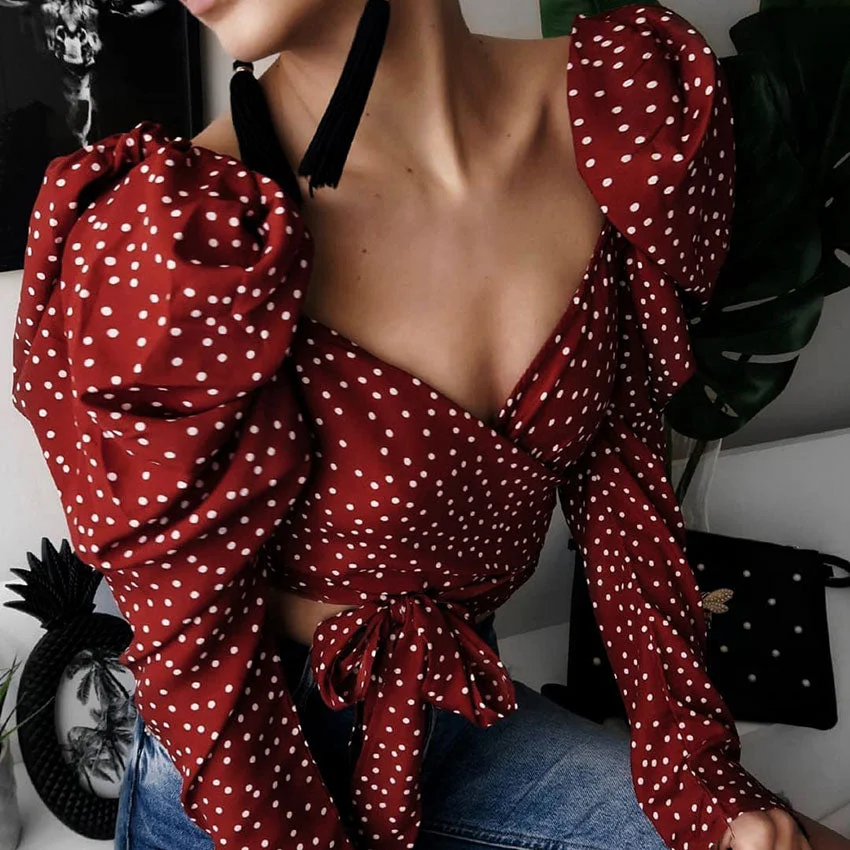 OOTN Vintage Polka Dot Women Puff Long Sleeve Wrap Top Elegant 2020 Lace Up Red Crop Top Blouse Sexy Backless Chic Female Shirts