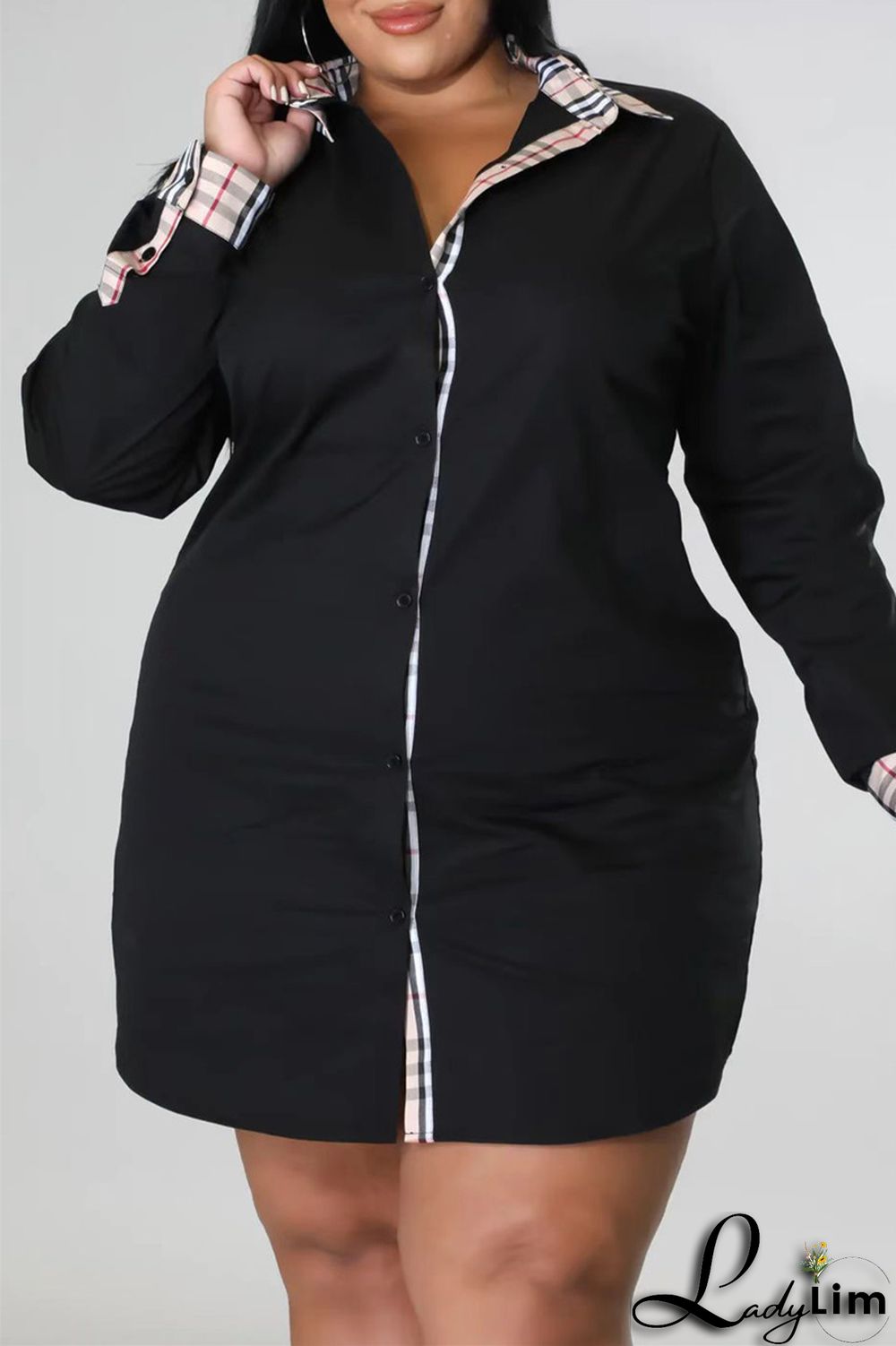Black Fashion Casual Plus Size Print Patchwork Turndown Collar Shirt Dress