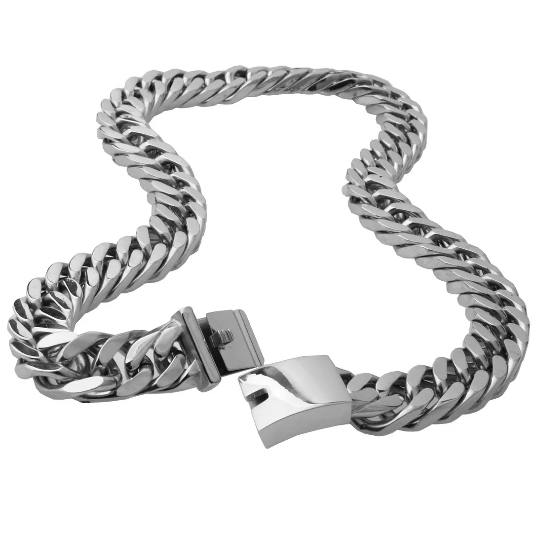 Sliver Miami Cuban Link Chain Set For Men Plated Titanium Stainless Steel 15mm Curb Bracelet Necklace Diamond Chains