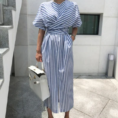 Fashion Striped Cross Lace-up Dress Waist Front Split Skirt