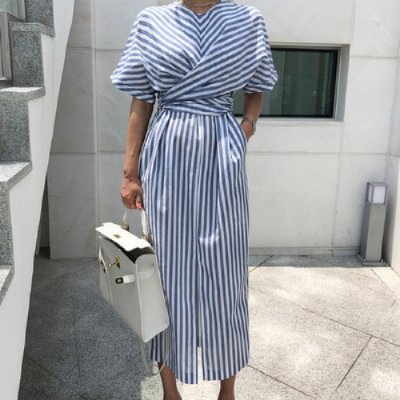 Fashion Striped Cross Lace-up Dress Waist Front Split Skirt | EGEMISS