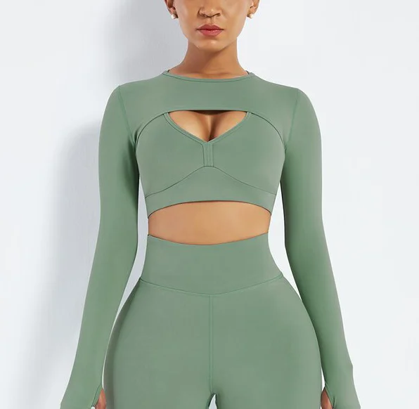 Green Long Sleeves Sports Crop Top Cut-out Tee Workout Tops with Thumb Holes