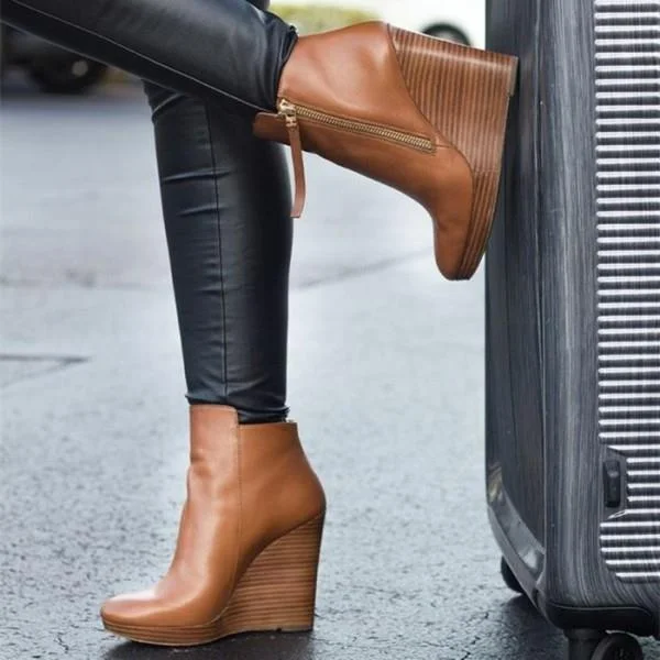 Tan Vegan Leather Wedge Booties Zip Vintage Platform Ankle Boots