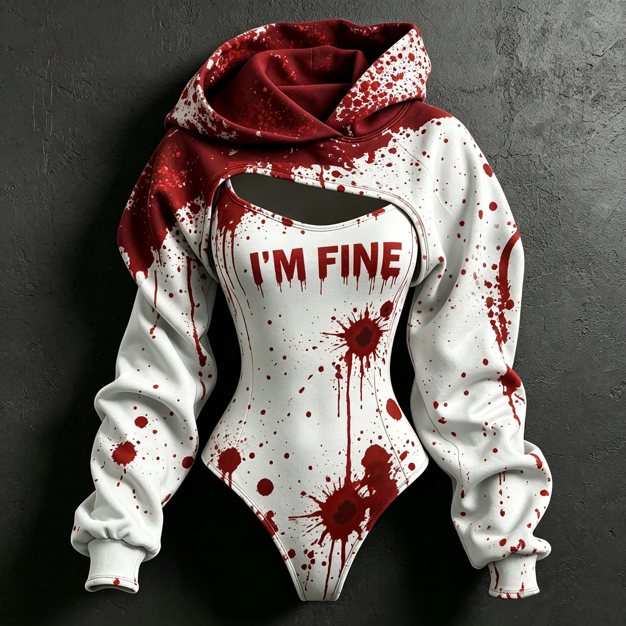 Women's Retro Halloween Bloodstain I'm Fine Print Hoodie Two-piece Set artswardrobe