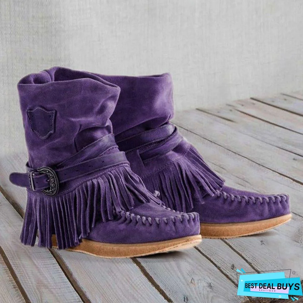 Women's Fringe Round Toe Retro Boots
