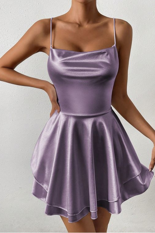 Charming Purple Satin Spaghtti Strap Sleeveless Homecoming Dress with Ruffles
