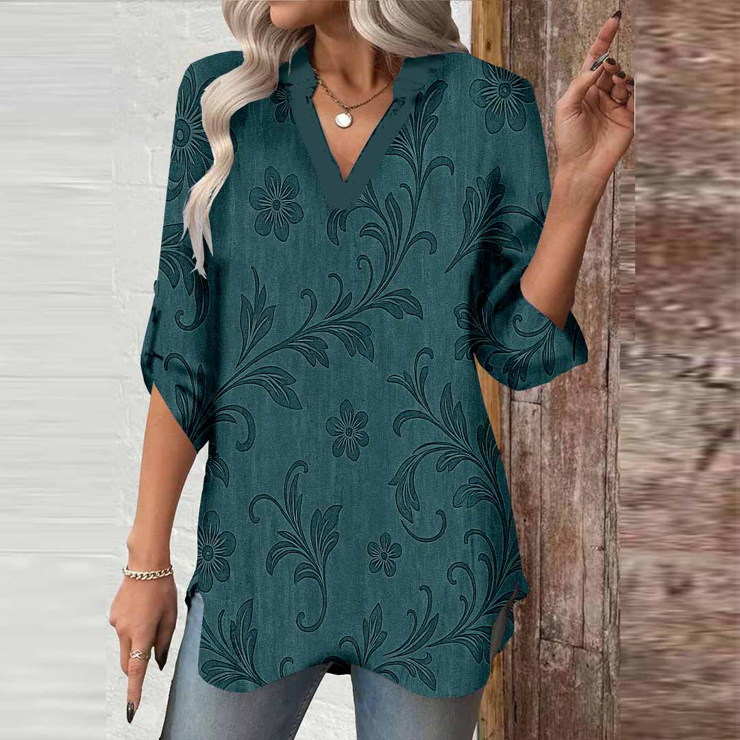Women Retro, Blue DZGA0331 3/4 Sleeve V-neck Printed Graphic Button Tops