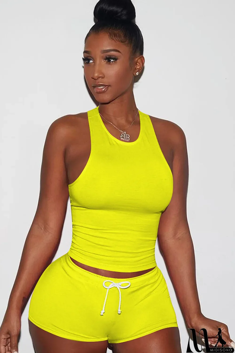 MidiSono - Yellow knit Sexy Patchwork Two Piece Suits Solid Straight Sleeveless Two-Piece Short Set