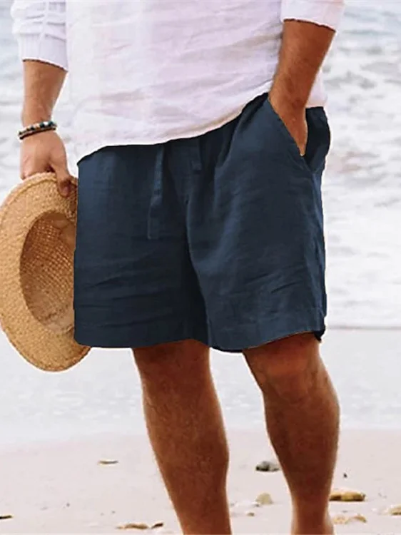 Men's Plain Straight Leg Cotton And Linen Beach Shorts