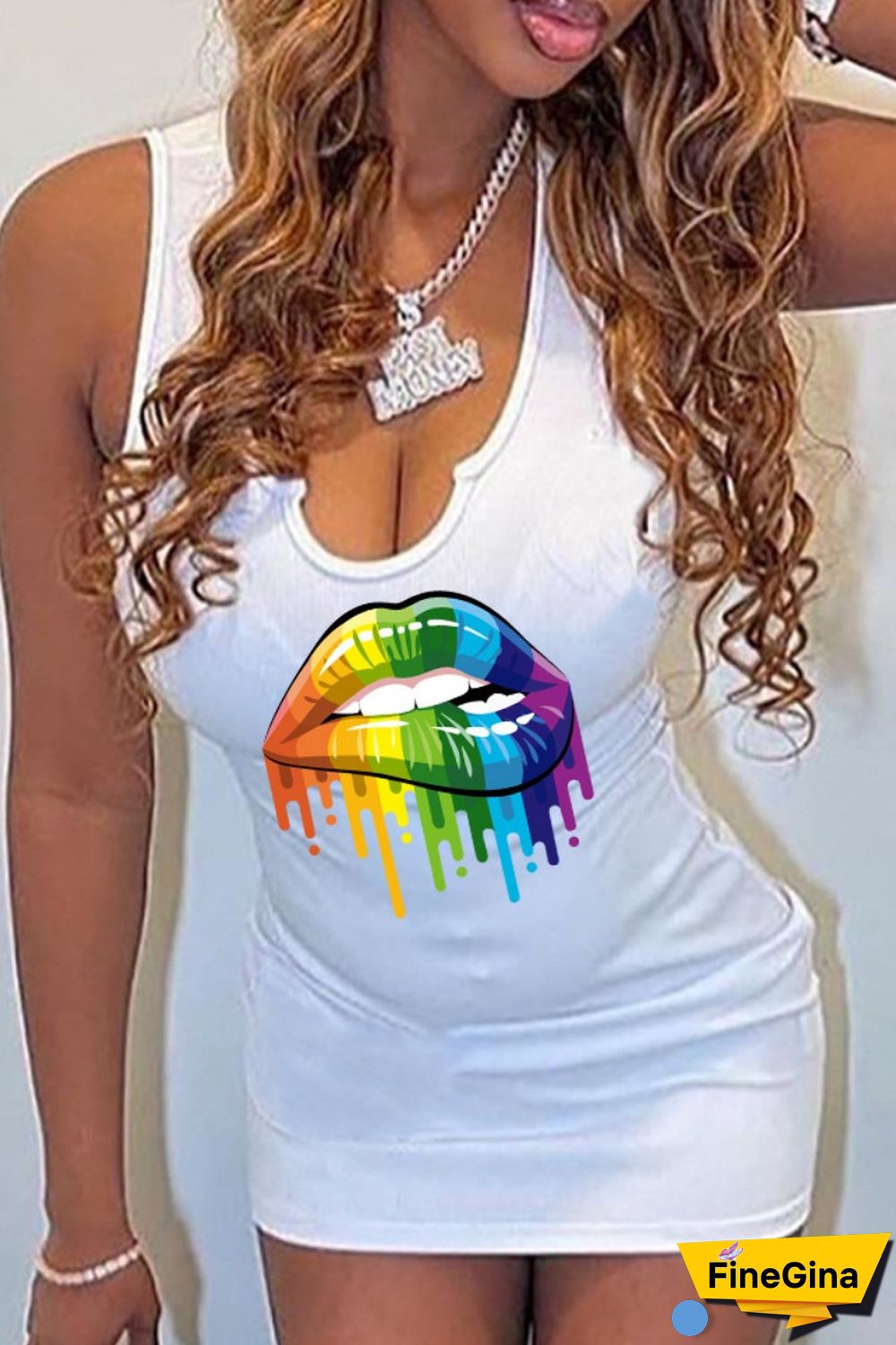 White Sexy Casual Lips Printed Basic U Neck Vest Dress Dresses