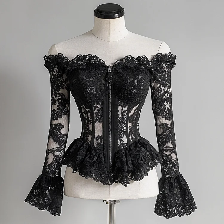 Ursime Lace See-Through Off The Shoulder Flare Sleeve Zipper Blouse