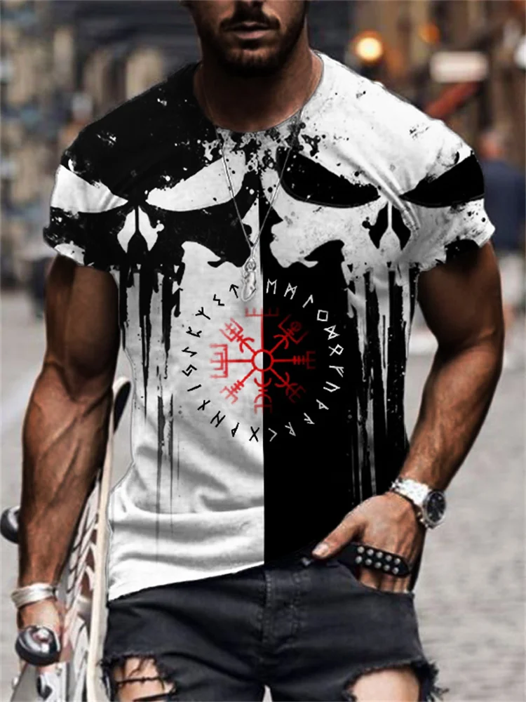 Broswear Men's Viking Vegvisir Skulls Contrast Color T Shirt