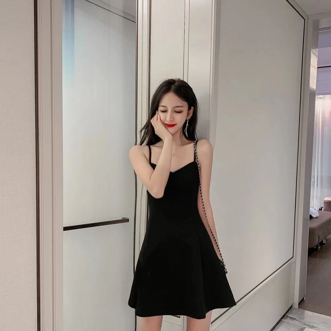 Uveng Uveng New Summer Dress Female With A Bottom To Show Thin Sling A-Word Short Skirt Hepburn Small Black Skirt Small