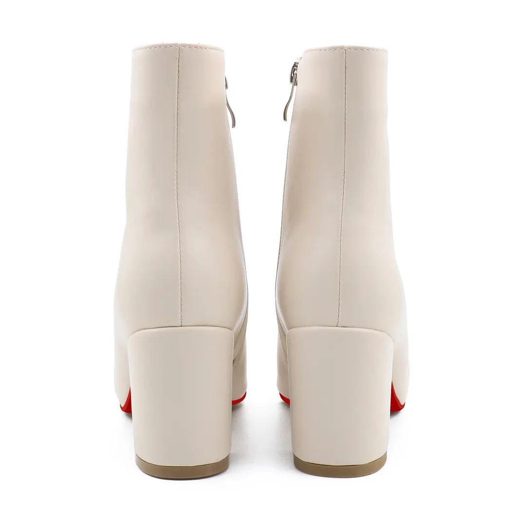 75mm Women's Zipper Pointed Toe Red Bottom Chunky Heel Ankle Boots-vocosishoes
