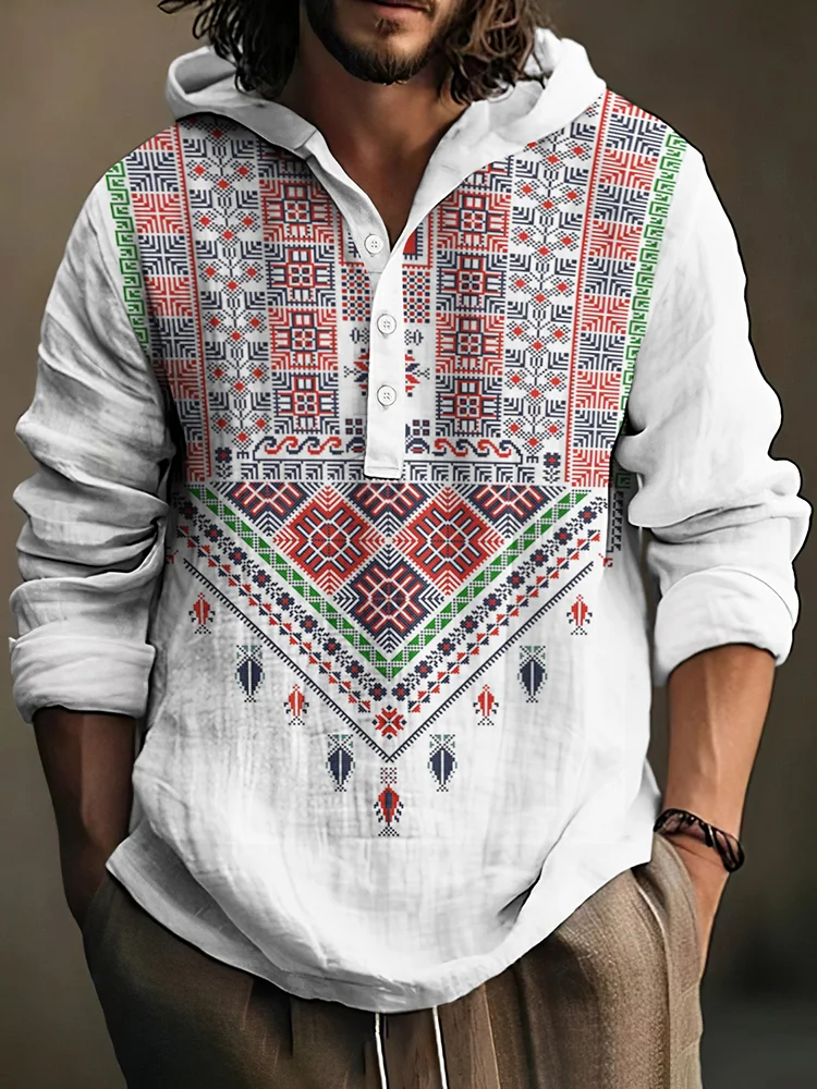 Men's Be Free And Peace Forever Print Casual Linen Hooded Shirt