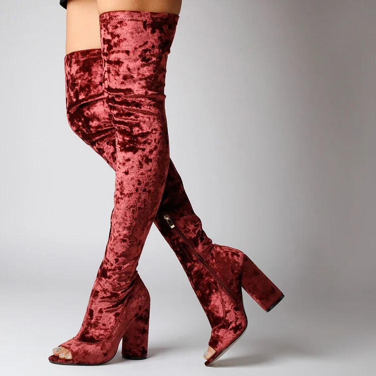 Maroon Velvet Chunky Heel Boots Thigh High Boots |FSJ Shoes